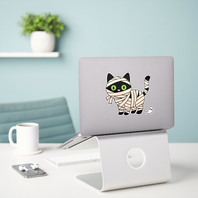 Adesivo de Gato Esqueleto de Halloween Fofo (Laptop na mesa)