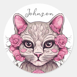 Adesivo de Gato Floral e Rosas Cor-de-Rosa
