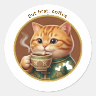 Adesivo de Gato Laranja Fofo Bebendo Chá Café