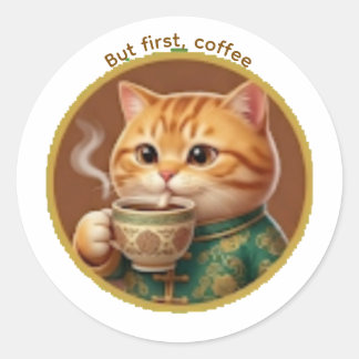 Adesivo de Gato Laranja Fofo Bebendo Chá Café