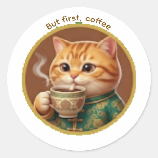 Adesivo de Gato Laranja Fofo Bebendo Chá Café