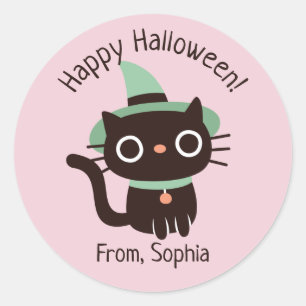 Adesivo de Gato Preto Feliz Halloween com Chapéu d