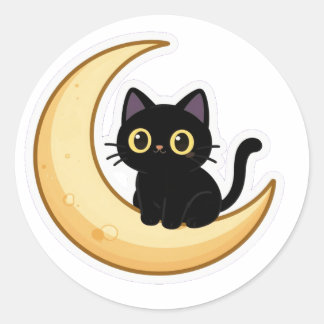 Adesivo de Gato Preto Fofo na Lua Crescente