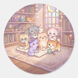 Adesivo de Gatos Amigos na Biblioteca Pastel