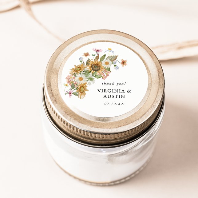 Adesivo de Girassol Elegante (Elegant Sunflower Wildflower Round Thank You Sticker by Painted Paperie
)