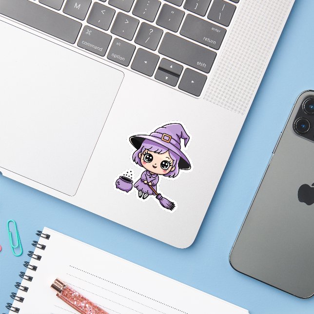 Adesivo de Halloween da Bruxa Roxa Kawaii (Notebook com iPhone)