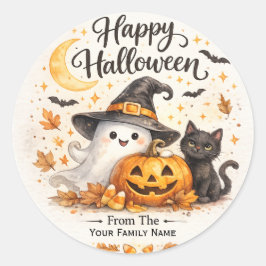 Adesivo de Halloween de Fantasma Fofo e Gato Preto