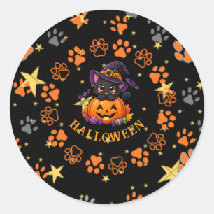Adesivo de Halloween de Gato Preto e Abóbora Fofin
