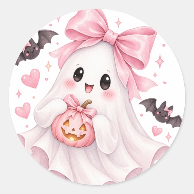 Adesivo de Halloween Fantasma com Laço Rosa Fofo (Frente)