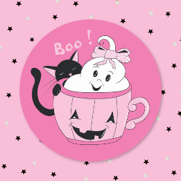 Adesivo de Halloween Rosa Gato Preto Fantasma Fofo