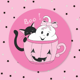Adesivo de Halloween Rosa Gato Preto Fantasma Fofo
