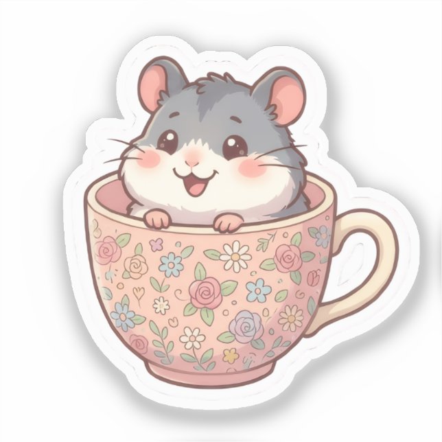 Adesivo de Hamster em Xícara de Chá Floral (Frente)