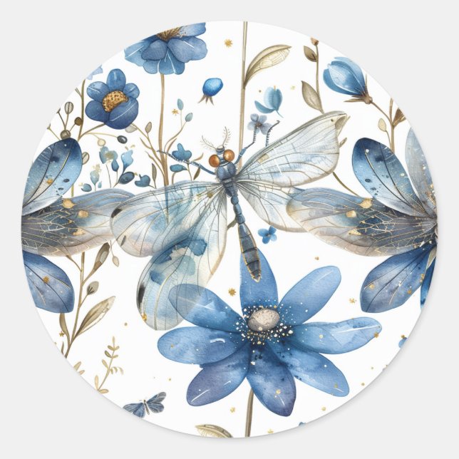 Adesivo de Libélula Floral Azul Selo de Envelope (Frente)
