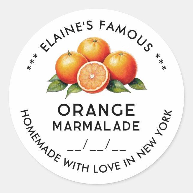 Adesivo de marmelada laranja editável com data (Frente)