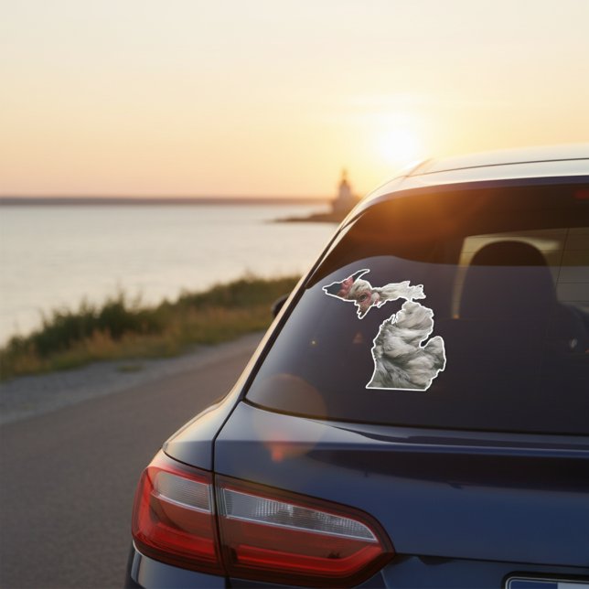 Adesivo de Michigan com penas (Feathered, fierce, and Michigan-made.)