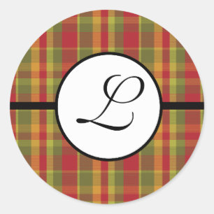 Adesivo de Monograma de Natal Xadrez Vermelho Verd