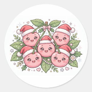 Adesivo de Natal de Cerejas Rosa com Chapéus de Pa