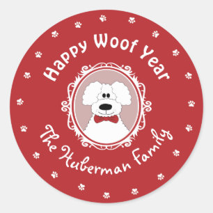 Adesivo de Natal de Poodle 'Feliz Ano Woof'