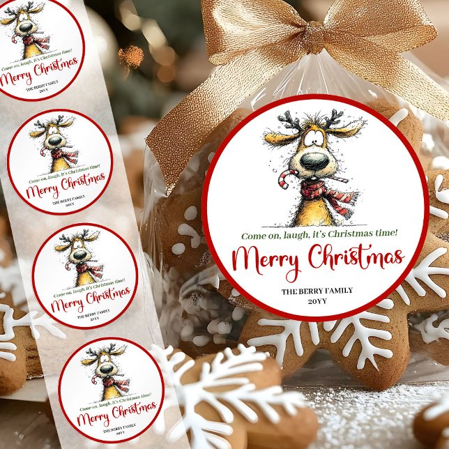 Adesivo de Natal de rena excêntrica e divertida (Playful quirky reindeer bright Christmas sticker)