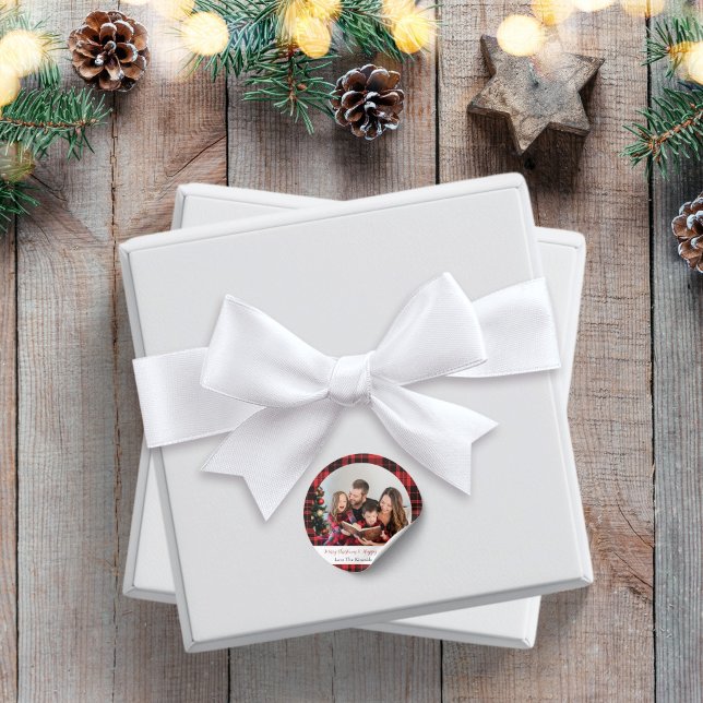 Adesivo de Natal Redondo com Foto em Xadrez de Búf (Criador carregado)