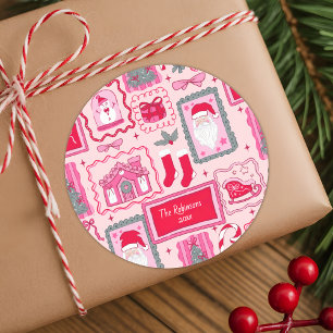 Adesivo de Natal rosa coquette desenhado à mão