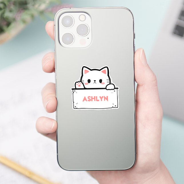 Adesivo de nome de gato branco e bonito personaliz (Telefone)