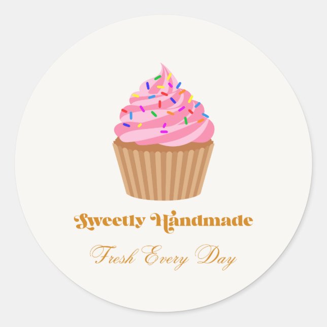 Adesivo de Padaria de Cupcake Rosa Feito à Mão Doc (Frente)