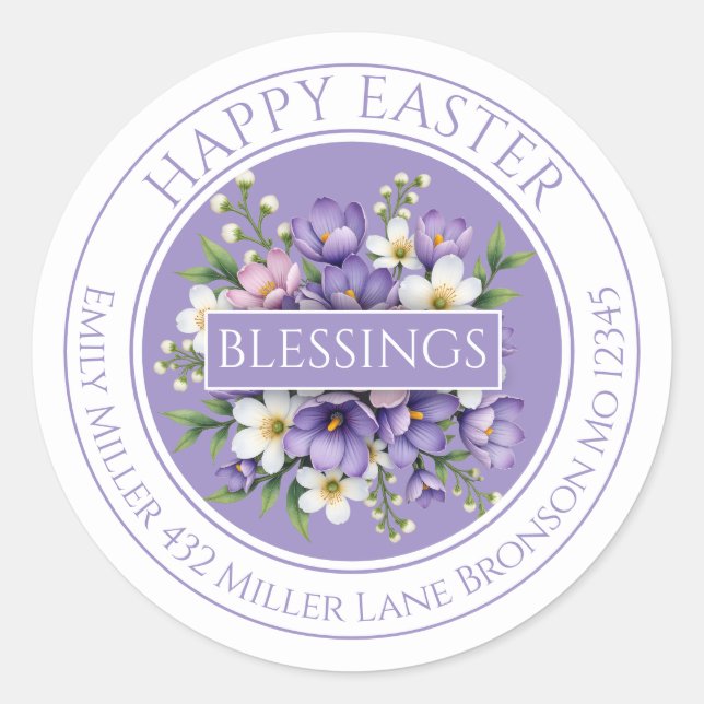 Adesivo de Páscoa Floral Roxo Personalizável  (Frente)