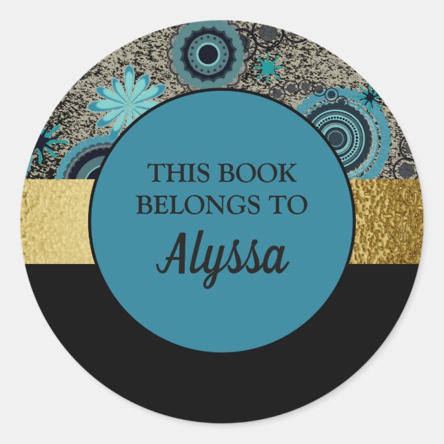 Adesivo de Placa de Nome de Livro Preto Azul Ouro (Frente)