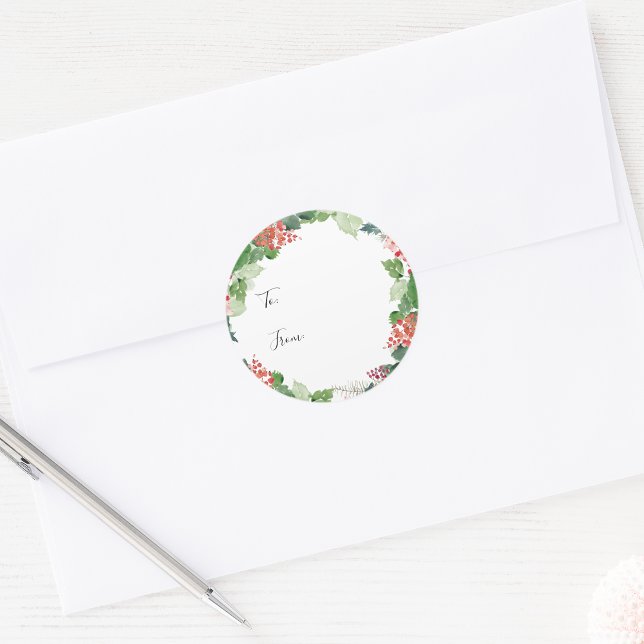Adesivo de Presente Botânico de Feriado (Watercolor Greenery and Red Berries Holiday Botanical Gift Sticker by Painted Paperie
)