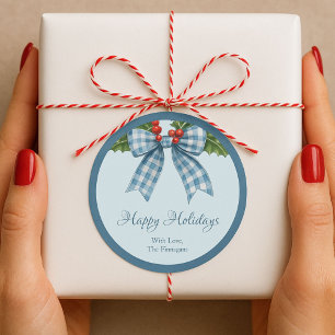 Adesivo de Presente Feliz Natal com Laço Xadrez Az
