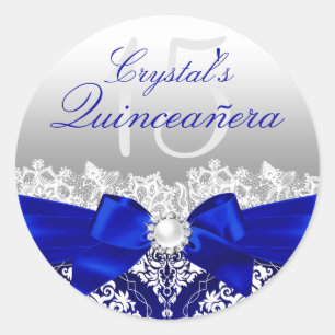 Adesivo de Quinceanera Azul Real Damasco e Laço de