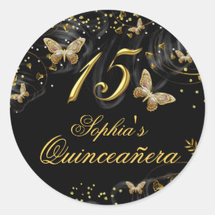 Adesivo de Quinceanera Borboleta Dourada e Preta c