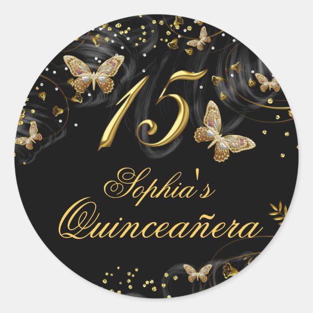 Adesivo de Quinceanera Borboleta Dourada e Preta c (Frente)