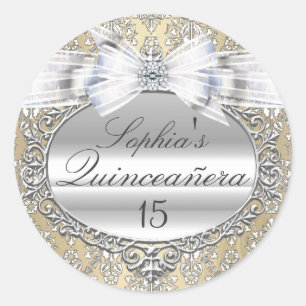 Adesivo de Quinceanera com Creme e Arco de Prata