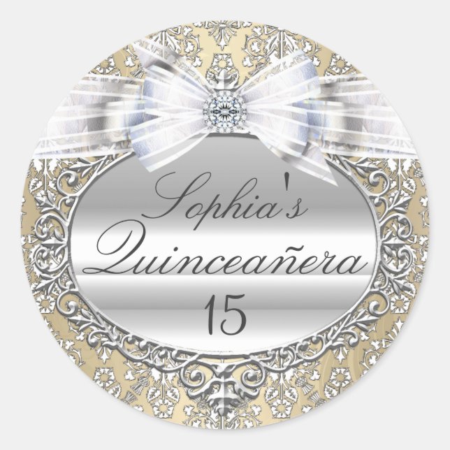 Adesivo de Quinceanera com Creme e Arco de Prata (Frente)