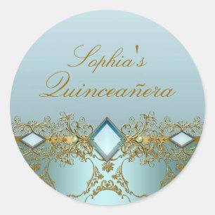 Adesivo de Quinceanera com Damasco Dourado e Joias