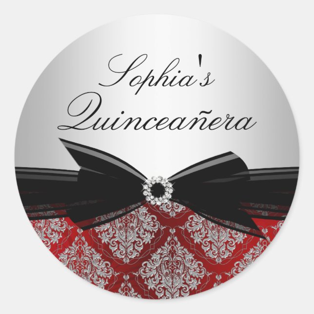Adesivo de Quinceanera com Damasco Vermelho e Laço (Frente)