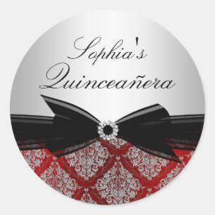 Adesivo de Quinceanera com Damasco Vermelho e Laço