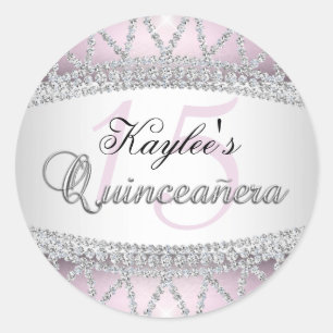 Adesivo de Quinceanera com Diamante Prata e Rosa