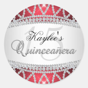 Adesivo de Quinceanera com Diamante Prata e Vermel