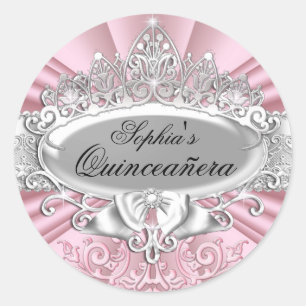 Adesivo de Quinceanera com Tiara Rosa e Damasco