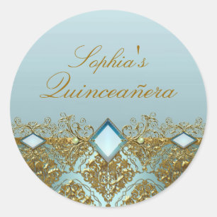 Adesivo de Quinceanera Damasco Dourado e Joia