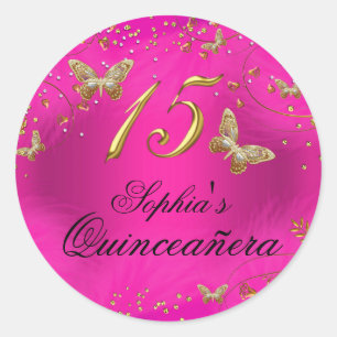 Adesivo de Quinceanera de Borboleta Rosa e Dourado