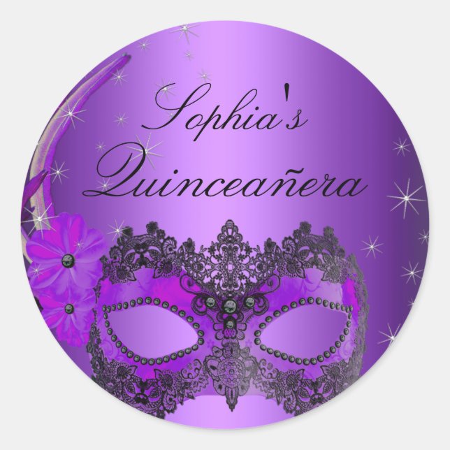Adesivo de Quinceanera de Mascarada Roxa (Frente)