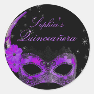 Adesivo de Quinceanera de Mascarada Roxo e Preto