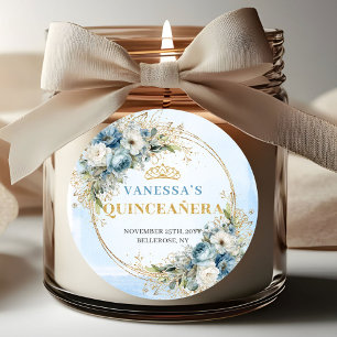 Adesivo de Quinceañera Elegante Azul Dourado Folha