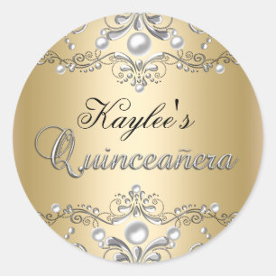 Adesivo de Quinceanera em Damasco de Pérola Prata 