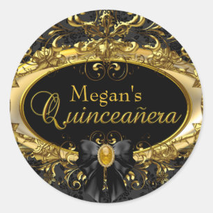 Adesivo de Quinceanera em Damasco Dourado e Preto