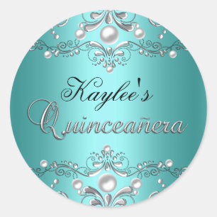 Adesivo de Quinceanera em Damasco Prata e Azul Tur